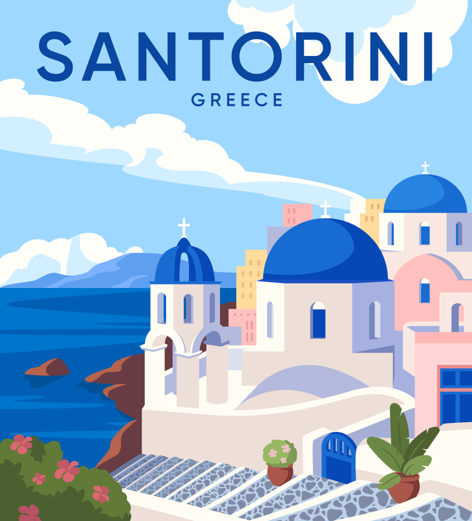 تصویری از نمای شهر سانتورینی برای عنوان سانتورینی (Santorini) انتخاب شده است.