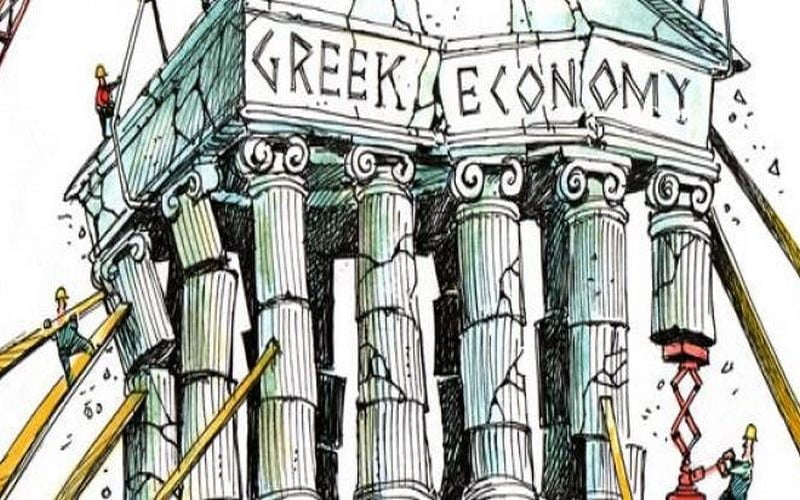 تصویری از بنایی با نوشته‌ی اقتصاد یونان در حال ریزش برای عنوان عوامل موثر بر بحران اقتصاد یونان انتخاب شده است.