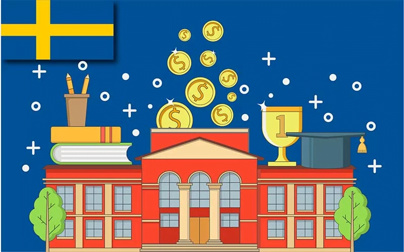 تصویری از دانشگاه در کنار پرچم سوئد و پول برای عنوان چالش‌های مالی مهاجرت تحصیلی به سوئد انتخاب شده است.